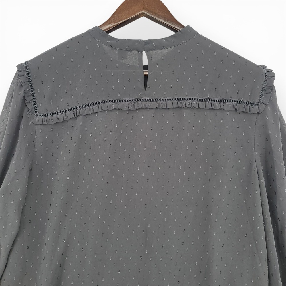Ann Taylor Women 2XL Blouse Gray Swiss Dot Ruffle Career Office - Picture 6 of 8